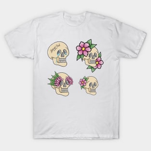 Multiple Skull Designs with Flowers and Tears - white T-Shirt